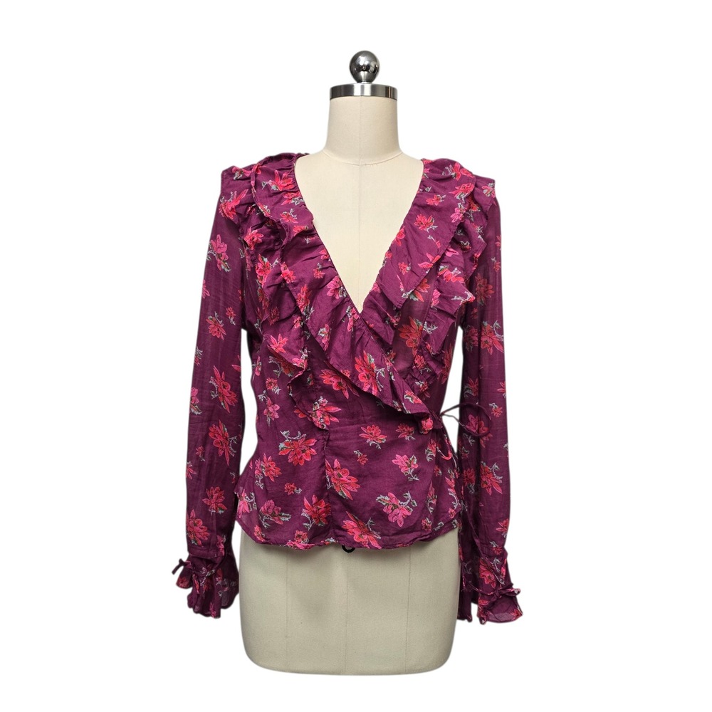 NWT Free People‎ Floral Wrap Blouse Purple Pink Ruffle Long Sleeve Size Medium